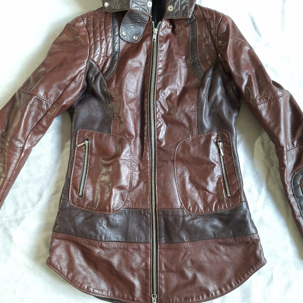 Women’s Brown Hooded Leather Jacket - Picture 3 of 12